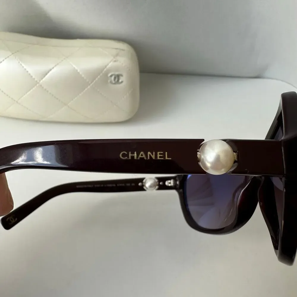Chanel Collection Perle 5141-H Pearl Oversized Butterfly Sunglasses Brown w Case